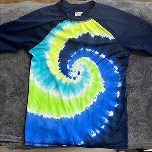 Lands' End Navy Rash Guard with Blue and Lime Tie-Dye Spiral
